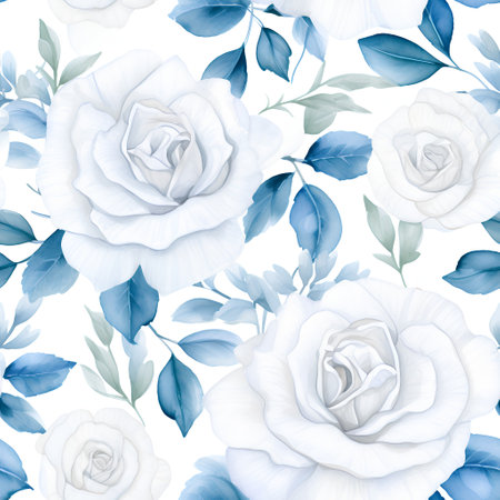 Seamless pattern with white roses and blue leaves on a white background.の素材