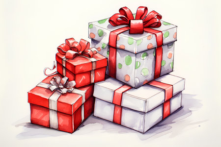 Gift boxes with red bows on white background. Watercolor illustrationの素材