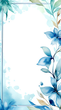 Watercolor floral frame. Hand painted blue flowers and leaves on white backgroundの素材