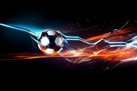 Soccer ball on abstract background. 3D illustration. Glowing soccer ballの素材