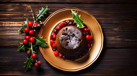 Chocolate pudding with cranberries and holly on a wooden backgroundの素材