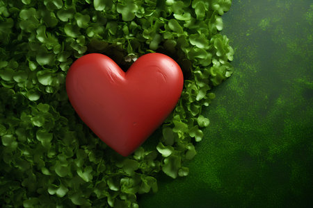 Heart made of green salad leaves on green background. 3d illustrationの素材