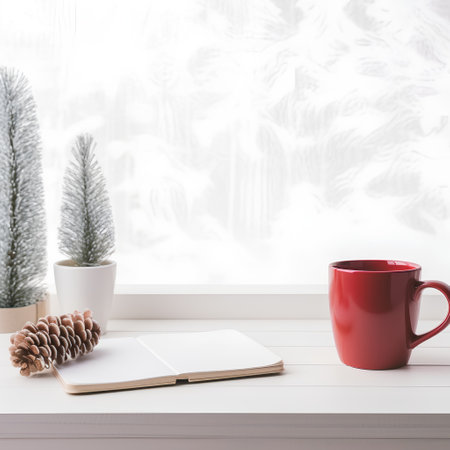 Cup of coffee, notebook and fir tree on windowsill.の素材