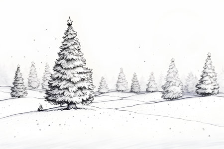 Winter landscape with fir trees and snowflakes. Hand drawn illustration.の素材