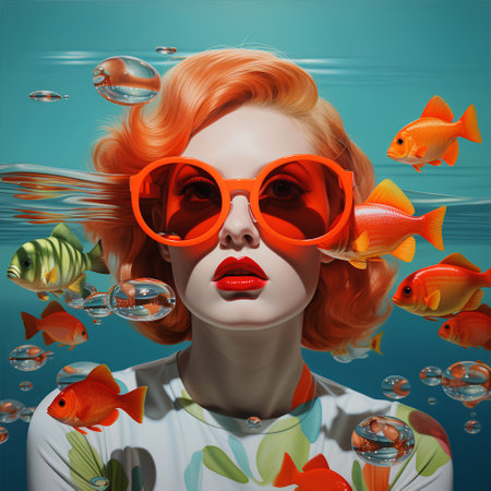 Portrait of a beautiful red-haired girl in a white blouse and red glasses among the sea fish.の素材