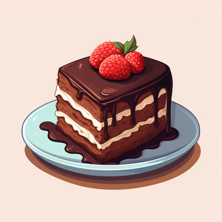 Chocolate cake with raspberries and chocolate glaze. Vector illustration.の素材