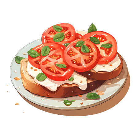 Sandwich with cheese, tomato and basil. Vector illustration of a vegetarian food.の素材