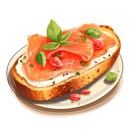 Sandwich with salmon, tomato and basil on a white background.の素材