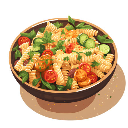 Fusilli pasta with cherry tomatoes, cucumber and basil. Vector illustration in cartoon styleの素材
