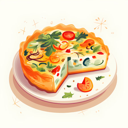 Omelette with vegetables and herbs. Vector illustration in cartoon styleの素材
