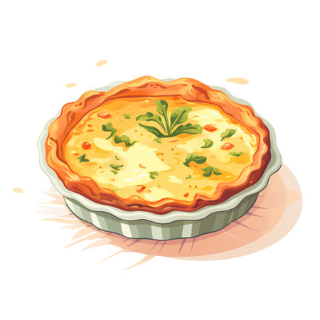 Illustration of a pie with cheese and parsley on a white backgroundの素材