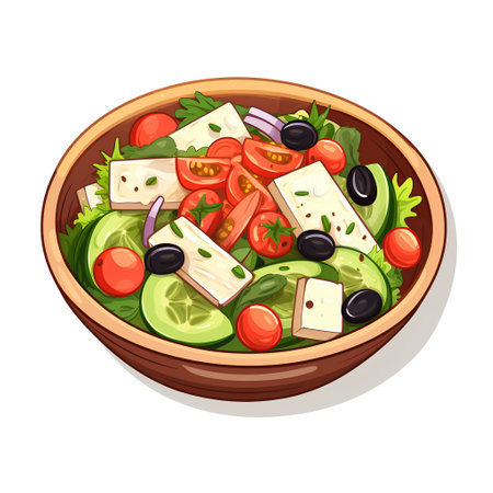 Greek salad in bowl with feta cheese, tomatoes, cucumbers and olives. Vector illustration.の素材