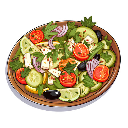 Greek salad with feta cheese, cucumber, tomato and olives. Vector illustration.の素材