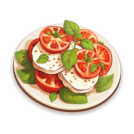 Caprese salad with tomatoes, mozzarella cheese and basil. Vector illustration.の素材