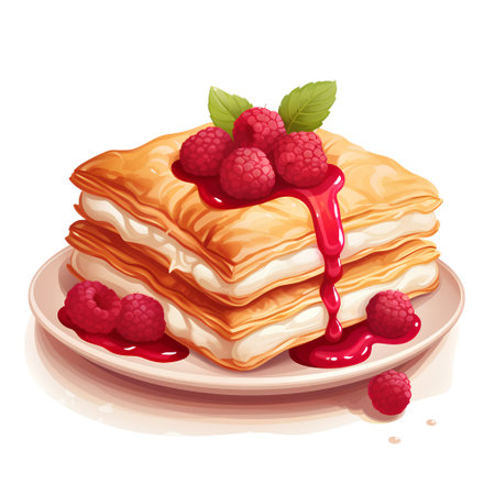 Pancakes with raspberries and syrup. Vector illustration.の素材