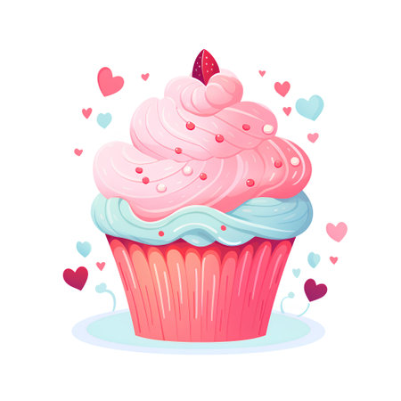 Cupcake with pink cream, cherry and hearts. Vector illustrationの素材