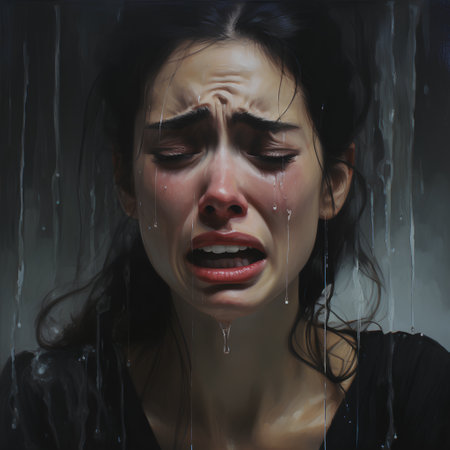 young brunette woman crying in rain on black background, monochromeの素材