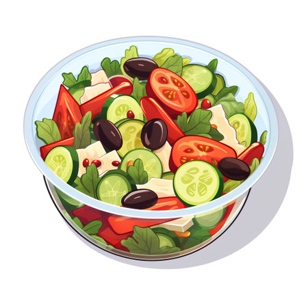 Greek salad in glass bowl. Vector illustration of fresh vegetable salad.の素材