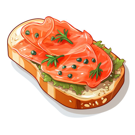 Sandwich with salmon and herbs. Vector illustration in cartoon style.の素材