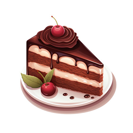 Piece of chocolate cake with cherry on plate. Vector illustration.の素材