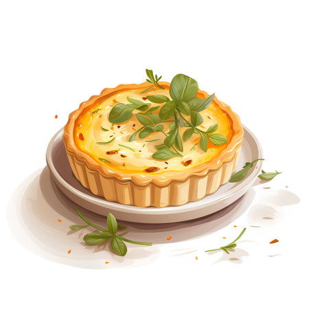 Tart with cheese and herbs on the plate. Vector illustration.の素材