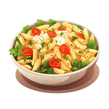 Penne pasta with cheese, tomato and parsley in bowl. Vector illustrationの素材