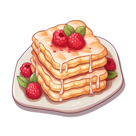 Vector illustration of a stack of pancakes with raspberries and sour creamの素材