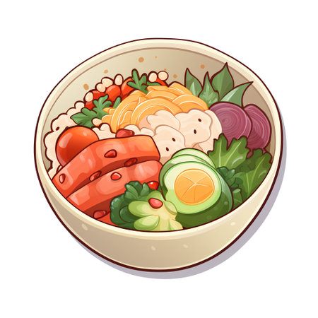 Bowl of oatmeal porridge with salmon, avocado, cucumber, radish, lettuce and tomato. Cartoon vector illustration.の素材