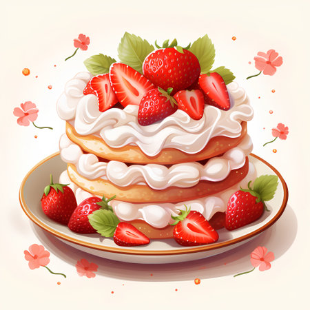 Strawberry pancakes with whipped cream and strawberries. Vector illustration.の素材
