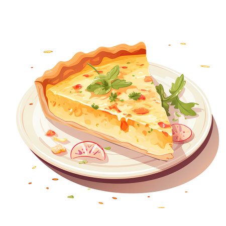 Piece of quiche with tomatoes and mozzarella. Vector illustrationの素材
