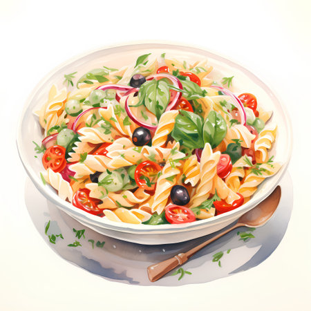 Vegetarian fusilli pasta salad with tomatoes, olives and herbs.の素材