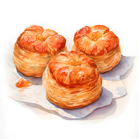 Watercolor illustration of croissants with jam on a white backgroundの素材