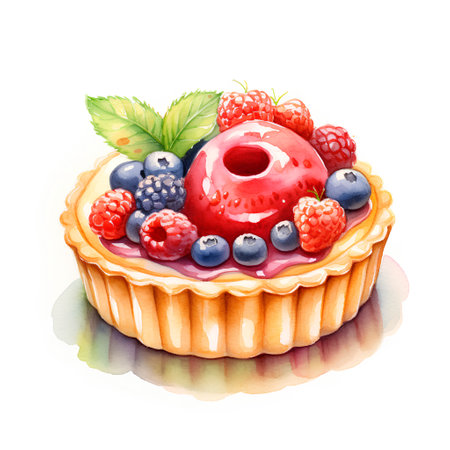 Tart with berries. Watercolor illustration isolated on white background.の素材