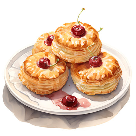 Watercolor illustration of puff pastry with cherries on a white backgroundの素材