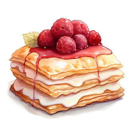 Vector illustration of a stack of pancakes with raspberries and cream.の素材