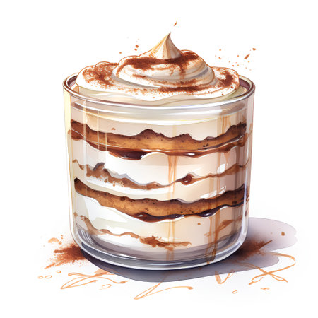 Tiramisu in a glass cup. Watercolor illustration.の素材