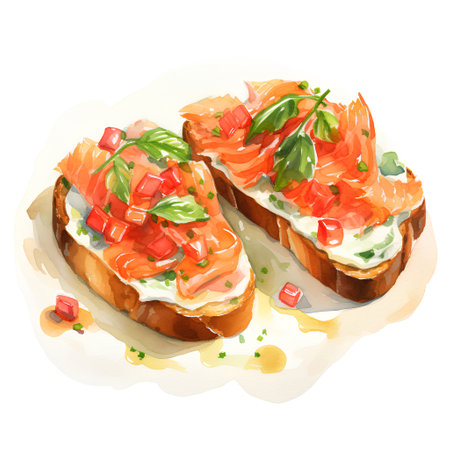 Bruschetta with salmon and cream cheese. Watercolor illustrationの素材