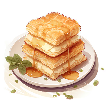 Baklava with honey and mint on a plate. Vector illustration.の素材