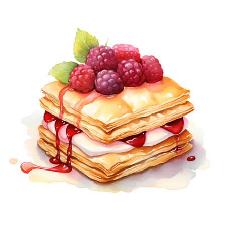 Watercolor illustration of stack of pancakes with berry jam and berriesの素材