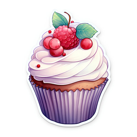 Cupcake with raspberries and cherries. Vector illustration.の素材