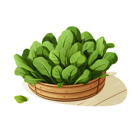 Spinach in wooden basket isolated on white background. Vector illustration.の素材