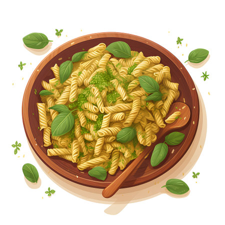 Italian pasta fusilli with pesto sauce and basil leaves. Vector illustrationの素材