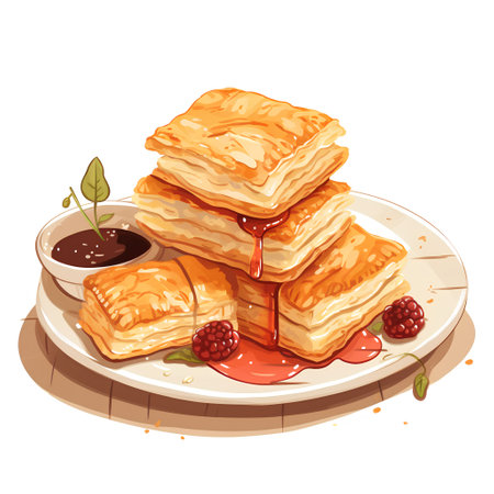 Vector illustration of a stack of pancakes with jam on a plate.の素材