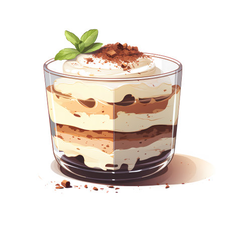 Classic tiramisu dessert in a glass cup, vector illustration.の素材