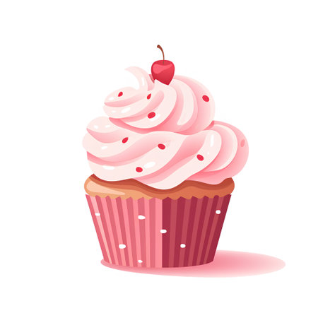Cupcake with pink cream and cherry. Vector illustration on white background.の素材
