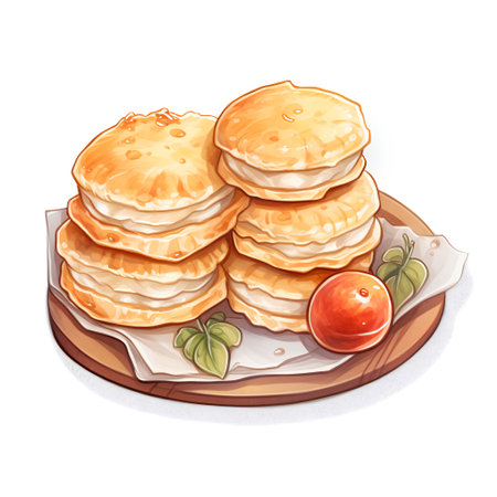 Pancakes with tomato and basil. Hand drawn vector illustration.の素材