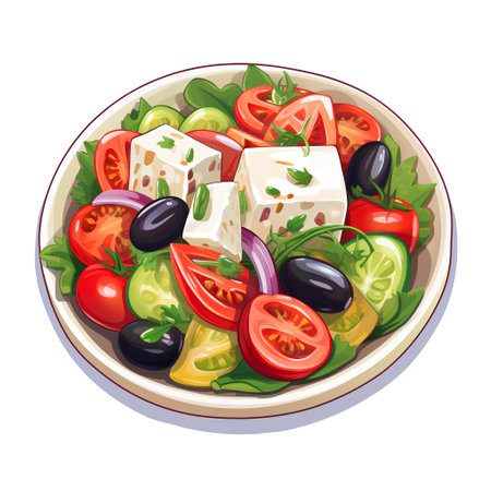 Greek salad with feta cheese, olives and tomatoes. Vector illustrationの素材