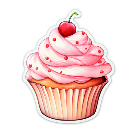 Cupcake with pink cream and cherry. Hand drawn vector illustration.の素材
