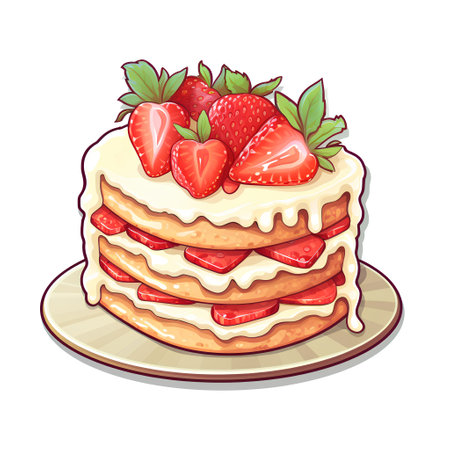 Strawberry cake with whipped cream and strawberries. Vector illustration.の素材