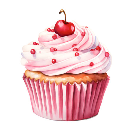 Watercolor cupcake with cherry. Hand drawn illustration isolated on white backgroundの素材